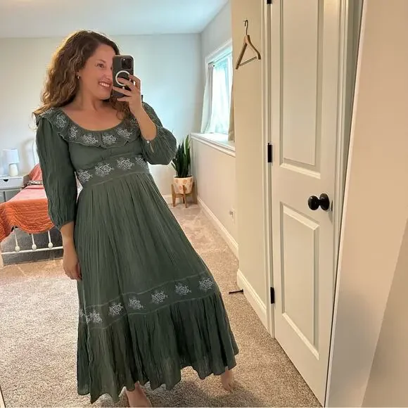 Free People Green Blue Cotton Gauze Floral Embroidered Maxi Dress Small - Picture 3 of 13